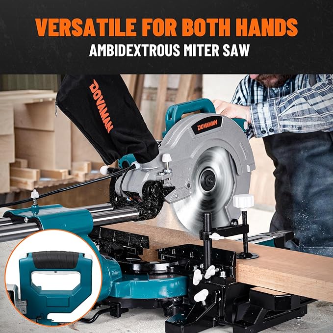 Updated 10-Inch Sliding Miter Saw, Multi-Material Cutting w/ 3 x TCT Blades, Ambidextrous Operation, 5000/3200RPM Speed, Laser Guide, 0-45° Bevel Cut, Max Cut 3.5x13.4in, 9 Positive Stops