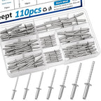 110pcs Steel Rivets 7-Sizes 304 Stainless Steel Rivets Assortment Kit 1/8",5/32",3/16" for Metal,Furniture,Automotive,Instruments