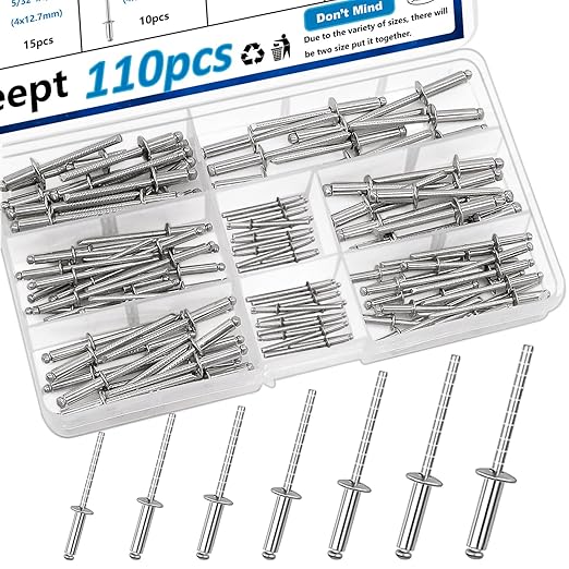 110pcs Steel Rivets 7-Sizes 304 Stainless Steel Rivets Assortment Kit 1/8",5/32",3/16" for Metal,Furniture,Automotive,Instruments