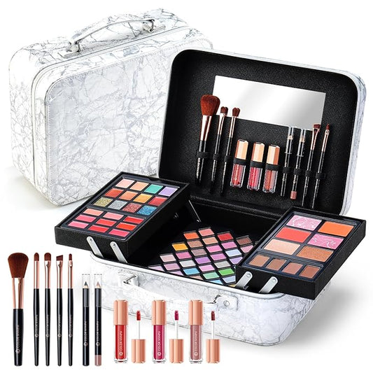 Makeup Kit for Women,All in One Makeup Gift Set for Girls in Cosmetic Train Case (White) With Mirror,Full Cosmetic Kit Includes Eyeshadow Palette,Lipgloss,Blushes,Pencil,Brush Applicators-VeraVaultWomen