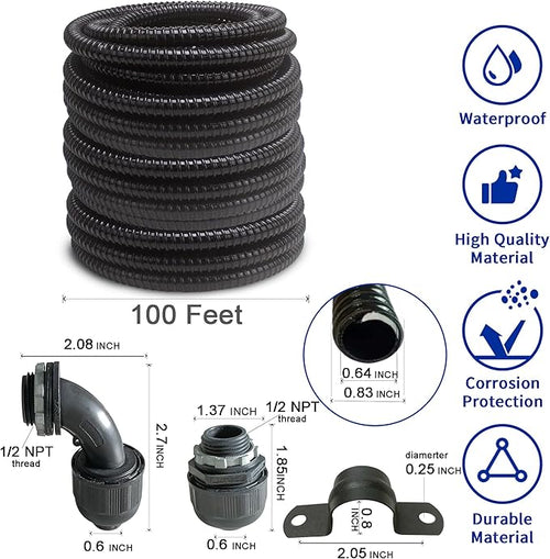 (1/2" Dia * 100 Feet) Yariwiz Black Special Extra Flexible Electrical Conduit Liquid Tight PVC Conduit Kit with 5 PCS Coupling, 5 PCS Elbow and 10 PCS Strap, Sealtight Seal Flex Liquidtight Wire
