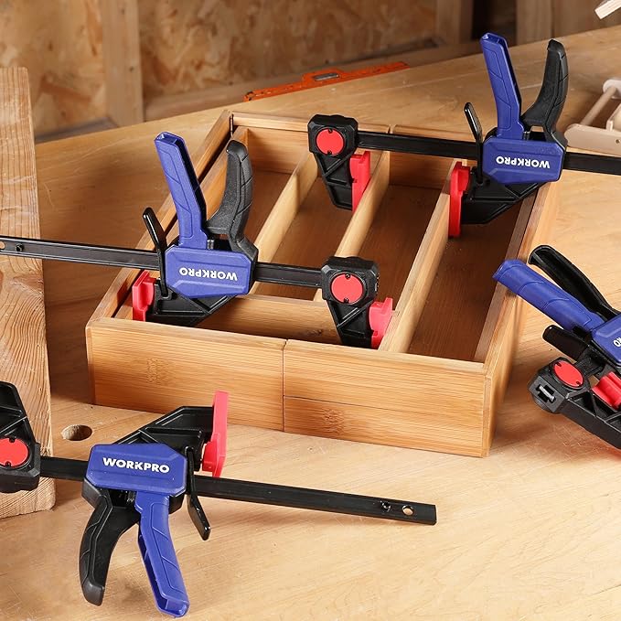 WORKPRO 6" Bar Clamps for Woodworking, One-Handed Clamp/Spreader, Light Duty Wood Clamps Set, Quick-Change F Clamps with 150LBS Load Limit, 4 Pack