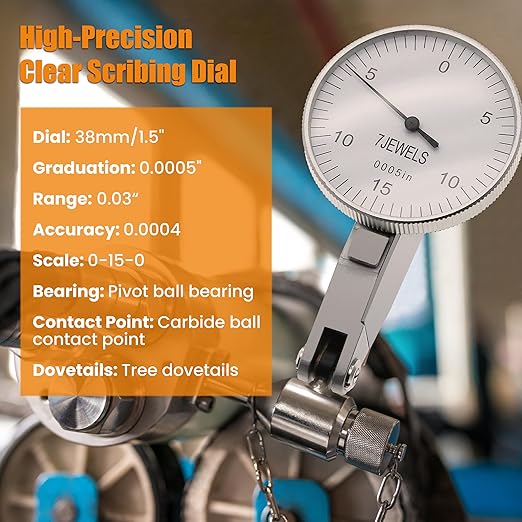 0.0005" Dial Indicator Brass Test Indicator with 7 Jewels Bearings Accuracy 0.0004 Big Face Imperial Dial Indicator for Machinist Engineer Inspection Measurement (Model 201-0066)