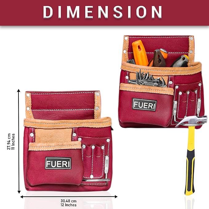 FUERI Leather Tool Belt Bag Men Pouch Heavy Duty Tools Pouches Organizer for Carpenter Construction Electrician Belts Bags Holder (11 Pocket Maroon, Adjustable)