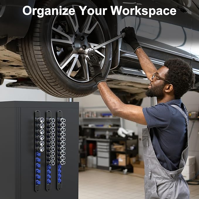 FivePears 3PCS 360° Socket Organizer Twist Lock,3/8 1/4 1/2 Socket Storage Rails, Premium Quality Socket Holders for Tool Box ，Tool Carts，Contains up to 40 Clips (Blue, Red and Black)