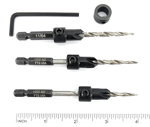 FTG USA Adjustable Wood Countersink Drill Bit Set 3 Pc #8 (11/64"") with Tapered Drill Bit for Woodworking