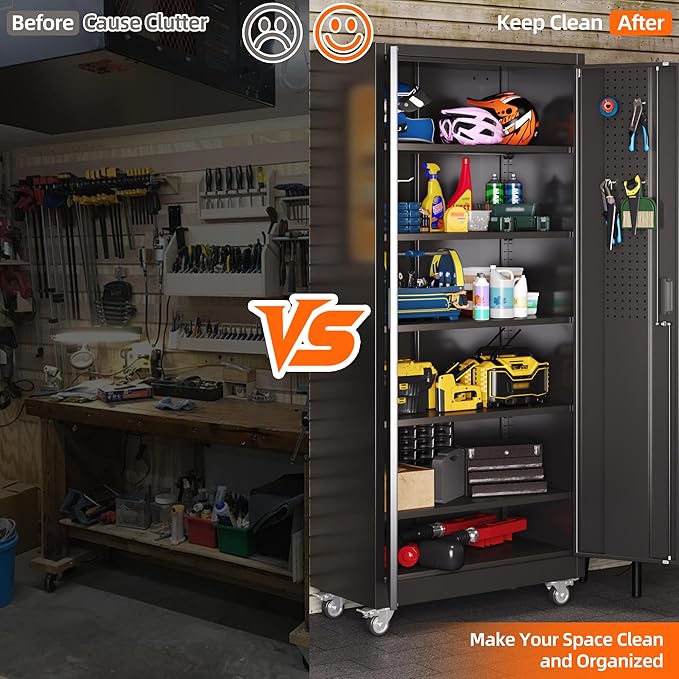 Aobabo 71" H×32" W×16" D Metal Storage Cabinet with Wheels, Garage Steel Storage Cabinet with 5 Adjustable Shelves and 4 Hooks for Home Office, Kitchen, Assembly Required, Black