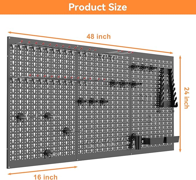 WALMANN Metal Pegboard Wall Tool Organizer Board with Pegboard Hooks, 24x48in Tools Organizer Pegboard for Garage, Workbench, Peg Boards, Tool Organizer Board with Hooks(Black)