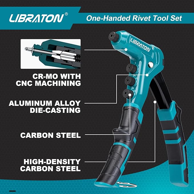 Libraton One-Handed Rivet Gun, Pop Rivet Gun Set, Professional Hand Riveter, Manual Riveting Tool with 200 Rivets for Metal, Includes 4 Drill Bits, 4 Tool-Free Interchangeable Heads, Storage Case