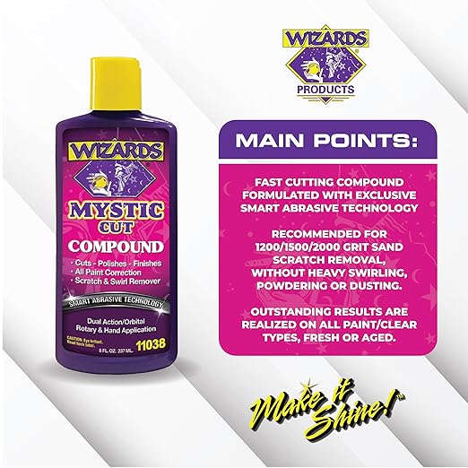 Wizards Mystic Cut Smart Abrasive for Auto Detailing Supplies - No Mess Scratch Remover for Vehicles - Water Based Cutting Compound - Removes Swirls, Defects, Fading, Water Spots - 8 oz