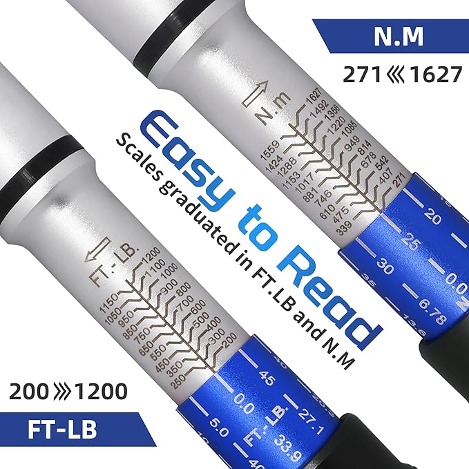 1-Inch Drive Click Torque Wrench, Dual-Direction Click Professional Torque Wrench 200-1200FT.LB/271-1356.7N.M, Dual Range Scales Graduated in FT.LB and N.M