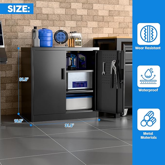 Metal Storage Cabinet with Pegboard 31.5”H×31.5”W×16.5”D, Lockable Rolling Steel Storage Cabinet with 2 Adjustable Shelves and Door for Garage, Office, Kitchen, Assembly Required(Black)