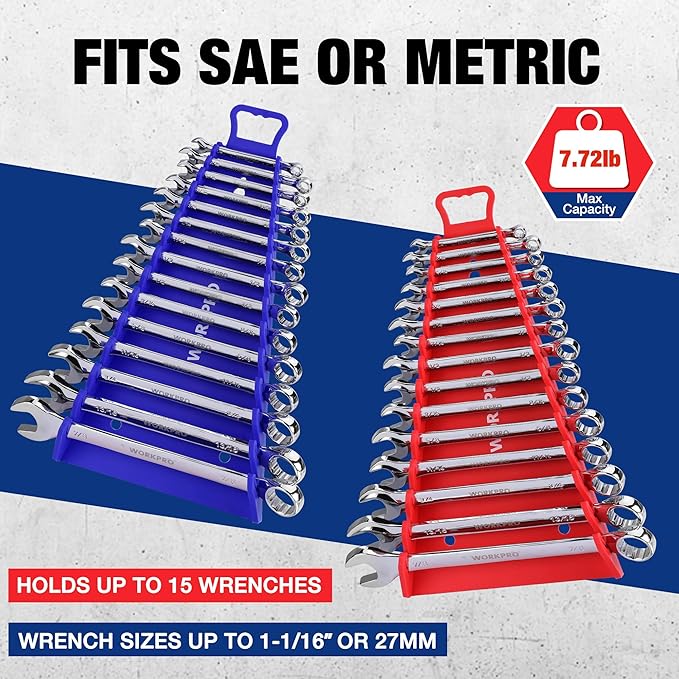 WORKPRO Magnetic Wrench Organizer, 15-Slot Gripper Reverse Wrench Holder for Tool Box, 2-Pack Wrench Rack Fits SAE (1/4” to 1-1/16") and Metric (6mm to 27mm), Flexible Grips, Blue and Red