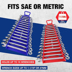 WORKPRO Magnetic Wrench Organizer, 15-Slot Gripper Reverse Wrench Holder for Tool Box, 2-Pack Wrench Rack Fits SAE (1/4” to 1-1/16") and Metric (6mm to 27mm), Flexible Grips, Blue and Red