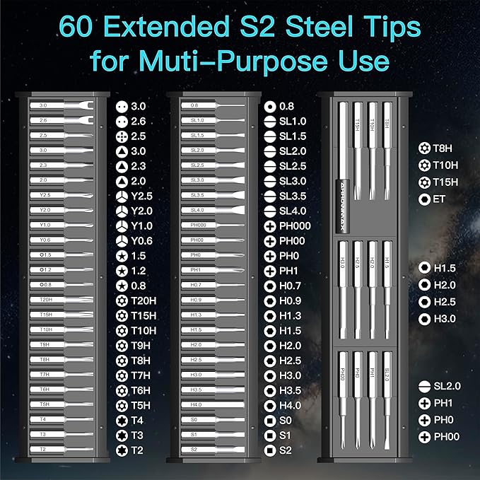 AM ARROWMAX 7.4V Mini Electric Screwdriver & Removable Angle Screw, Precision Electric Screwdriver Set, 60 in 1 Magnetic Bit, 5 Torque Setting, 5/32''Hex, Repair Tools For Phone Camera Watch (M1 PLUS)