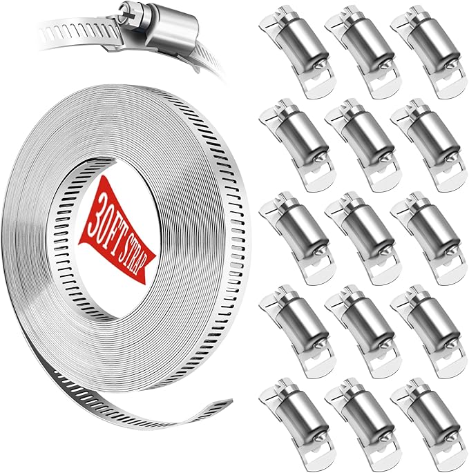 Hose Clamps 30FT Strap+15 Fasteners,DIY Cut-To-Fit 304 Stainless Steel Adjustable Large Worm Gear Band Clamp Assortment Kit,Metal Screw Fasteners and Strapping for Pipe,Duct,Pole,Tube