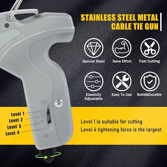 Delgada Metal Cable Tie Gun for Stainless Steel Ties, Professional Automatic Tightening Cutting Ratchet Tie Clamp,4-level Adjustable Fastening Tie Tool