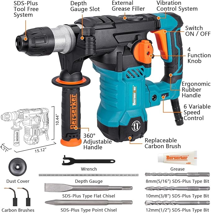 Berserker 1-1/4" SDS-Plus Rotary Hammer Drill with Vibration Control,Safety Clutch,12.5 Amp 4 Functions Corded Rotomartillo for Concrete-Including 3 Drill Bits,Flat Chisel,Point Chisel,Carrying Case
