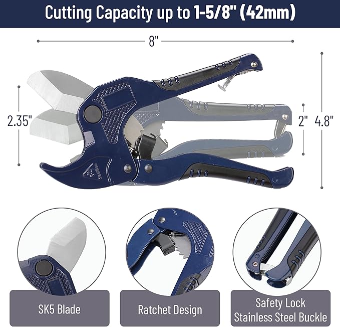 Bates- PVC Pipe Cutter, Cuts up to 1-1/4", Navy Blue Ratcheting PVC Pipe Cutter Tool, Pipe Cutters PVC Pipe Shears, Plastic Pipe Cutter, PEX Pipe Cutter, PVC Cutter Tool, PVC Ratchet Cutter