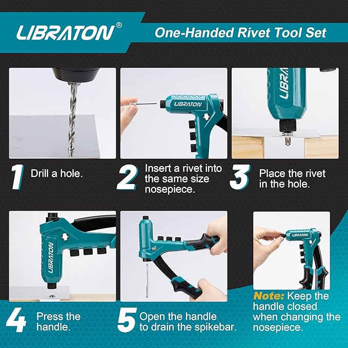Libraton One-Handed Rivet Gun, Pop Rivet Gun Set, Professional Hand Riveter, Manual Riveting Tool with 200 Rivets for Metal, Includes 4 Drill Bits, 4 Tool-Free Interchangeable Heads, Storage Case