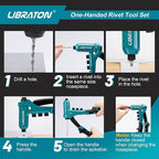 Libraton One-Handed Rivet Gun, Pop Rivet Gun Set, Professional Hand Riveter, Manual Riveting Tool with 200 Rivets for Metal, Includes 4 Drill Bits, 4 Tool-Free Interchangeable Heads, Storage Case
