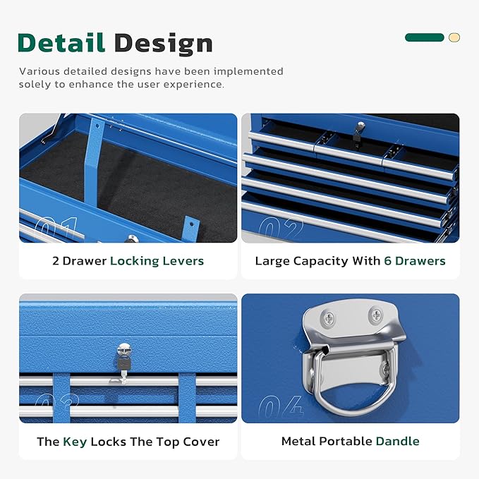 Greenvelly Tool Chest, 8-Drawer Rolling Tool Chest with Hooks and Lockable Wheels,Metal Storage Detachable Top Tool Box with Lockable Wheels for Garage,Workshop,Art Studio(Blue)