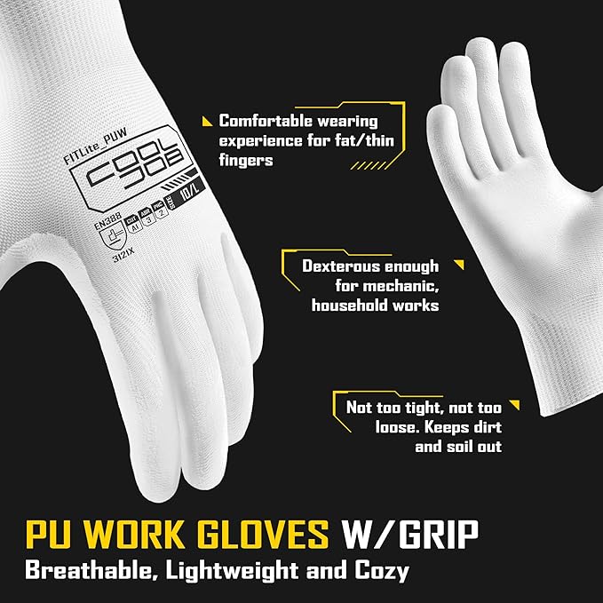 COOLJOB 60 Pairs Safety Work Gloves Pack Bulk with Grip PU Coating, 13 Gauge Seamless Knit Gloves with Polyurethane Dipped for Warehouse Working, Breathable Lightweight for Men Women, White Large