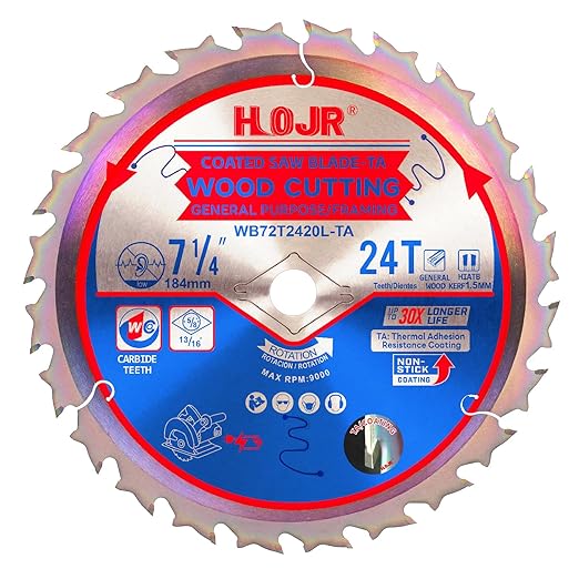 Circular Saw Blades Woodworking TA Series,7-1/4" 24-Tooth 5/8" Arbor Framing/General Purpose Saw Blade,Special Anti-Thermal Adhesion Coating on Cutting Edges -TA, 7-1/4" 24T TA