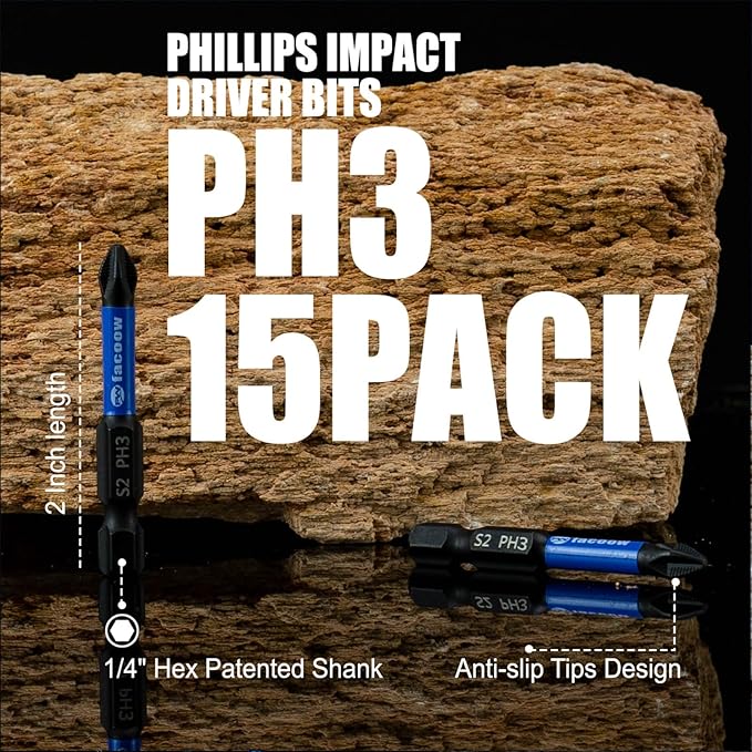 15 Pack Phillips Impact Driver Bits, #3 Phillips Head Magnetic Screwdriver Bits Set, 2 Inch S2 Alloy Steel Impact Bits, 1/4" Hex Shank Screwdriver Drill Bit, CNC Machined ph3 Impact Drill Bits