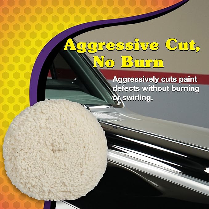 Wizards Fast Cut Wool Buffing Pad - Twisted Wool ‎and Velcro-Backed Wax Applicator Pad - for Auto Detailing, Cleaning and Protection - Aggressively Cuts Without Burning Paint - 7½" x 1"