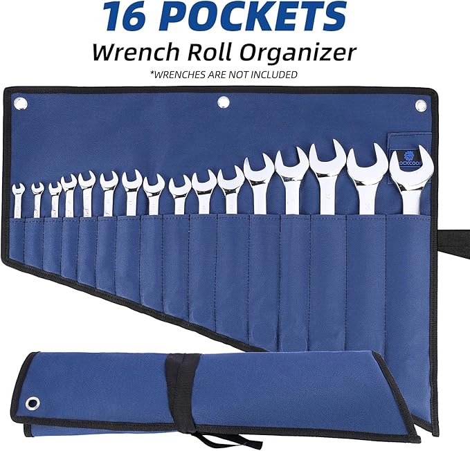 16 Pockets Wrench Roll Organizer, Rolled Tool Pouch Bag with Water Proof Oxford Cloth, Blue