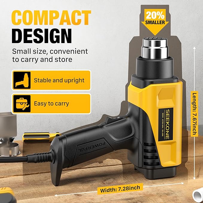 SEEKONE 1800W Heat Gun Compact Design Heavy Duty Hot Air Gun 122℉-1202℉（50℃- 650℃）Variable Temperature Control for 2 Speed Settings with 4 Nozzels for Crafts, Vinyl Wrap, Shrink Tubing
