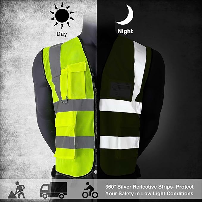 5 Pockets Class 2 High Visibility Safety Vest with Reflective Strips, Pockets Zipper Front Meets