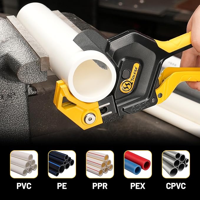 TOLESA PVC Pipe Cutter Up to 2-1/2”, 3-Gear Adjustable Ratchet Pipe Cutter Tool Heavy-Duty for PVC, PPR, PE, PEX, ABS, Plastic Hoses