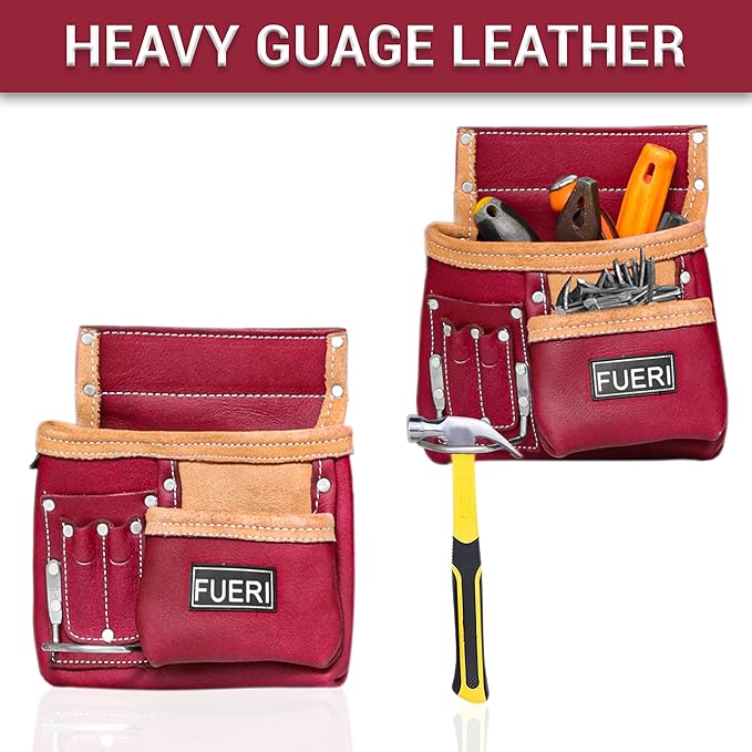 FUERI Leather Tool Belt Bag Men Pouch Heavy Duty Tools Pouches Organizer for Carpenter Construction Electrician Belts Bags Holder (11 Pocket Maroon, Adjustable)