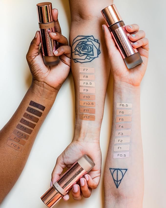 Revolution Beauty, Conceal & Define Foundation, Full Coverage, Long-Lasting Matte Finish, Vegan & Cruelty Free, F8 Light to Medium Skin Tones, 0.8 Fl.Oz.-VeraVaultWomen