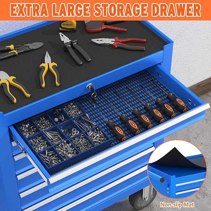 7 Drawers Large Capacity Rolling Tool Chest, Metal Tool Box with Wheels and Drawers, Tool Storage Cabinet with Keyed Locking, Tool Organizer Box for Garage, Workshop, Warehouse (Blue)