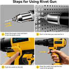 Cordless Rivet Nut Tool Kit Compatible with Dewalt 20V Battery(Tool Only),Brushless Cordless Rivet Gun with 3 Size (1/8",5/32",3/16") Rivets and Rivet Head,Pop Rivet Gun for Metal, Plastic and Leather