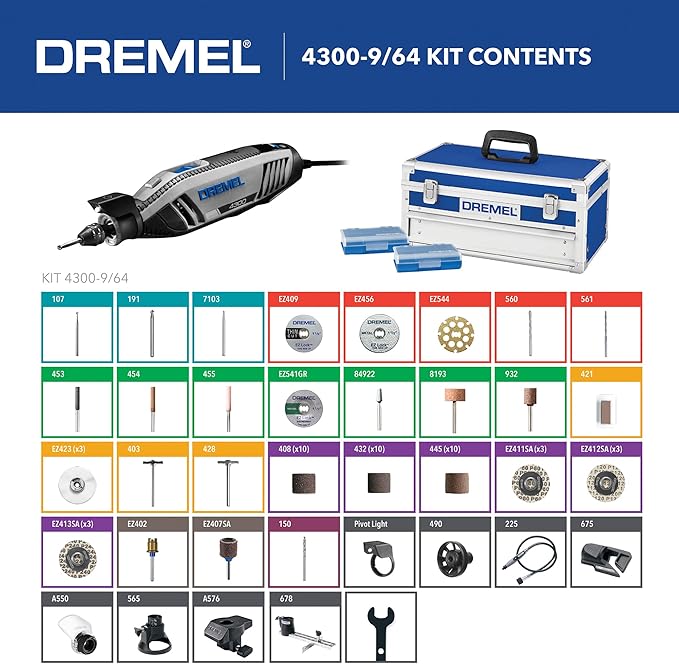 Dremel 4300-9/64 Versatile Rotary Tool Kit with Flex Shaft - 9 Attachments & 64 Accessories - Ideal for Engraving, Etching, Sanding, and Polishing