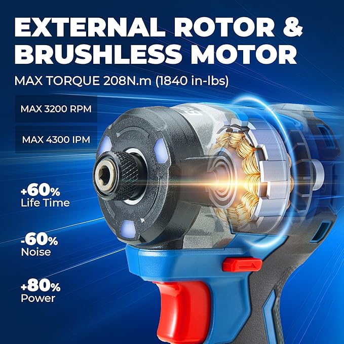 Dong Cheng 20V Brushless Impact Driver, 1,840in-lbs Cordless Impact Driver with 3200RPM, 4300IPM, 1/4" Hex, 4 Work Mode (Bare Tool)
