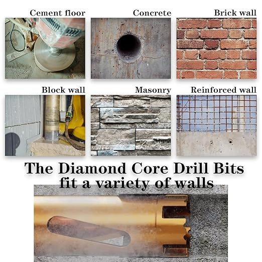 1.5" Dry Core Drill Bits for Cured Concrete with Rebar Brick Blonck Masonry etc 12.2in/310mm Drilling Depth，10mm Diamond Segment Height，2 Adapters