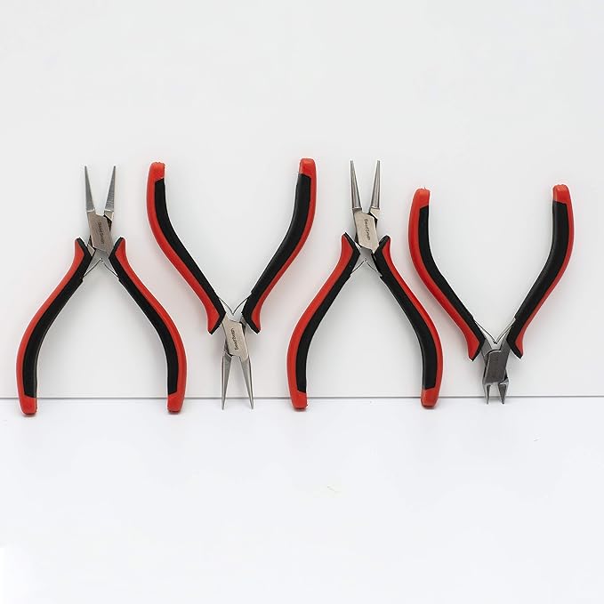 The Beadsmith Ergonomic Pliers Set – Extra Fine Tips – 5 Inches, 4-Pieces: Round Nose, Chain Nose, Flat Nose & Semi-flush Side Cutter – Leatherette Carrying Case Included – Tools for Jewelry Making