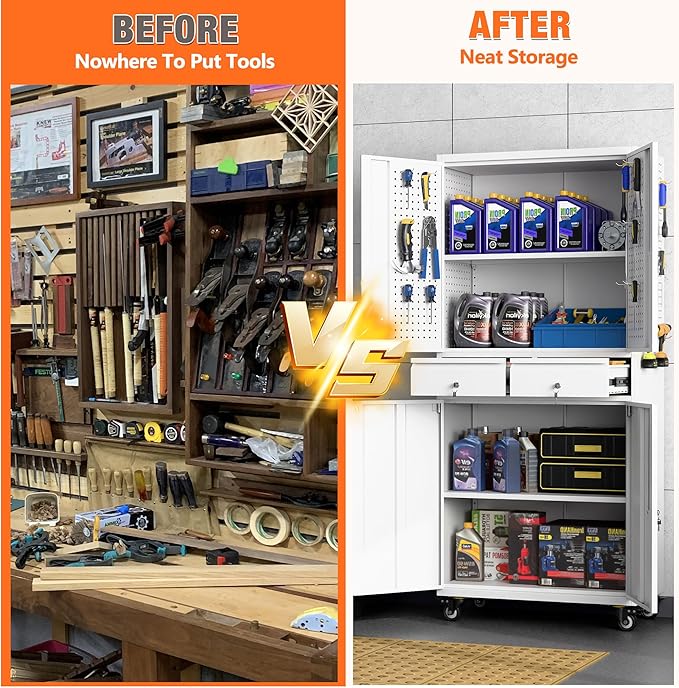 71" H Metal Garage Storage Cabinet with Wheels and Doors,Rolling Tool Cabinet with Pegboard and 2 Lockable Drawer for Garage Warehouse Home,Required Assembly,White