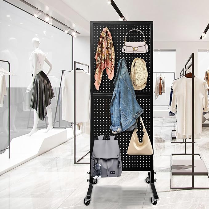 Royxen Metal Pegboard 2 x 5 Feet with 30 Hooks, Peg Board Display Stand, Standing Pegboard Display with Wheels, Black