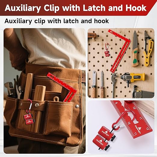 Carpenter Square 8 x 12 Inch and Tall Stair Gauges Set, for Framing Square Stop with Holder and Hook, Aluminum L Shape Angle Right Ruler, Red