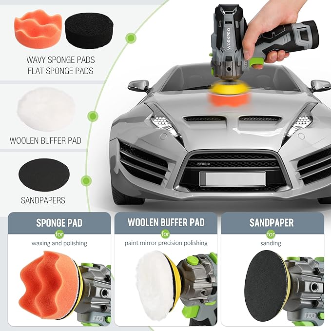 WORKPRO 12V Cordless Polisher, 3" Mini Car Detailing Buffer & Sander Machine Kit with 2 Li-Ion Batteries, Variable Speed Trigger for Auto/DIY Polishing/Sanding/Waxing