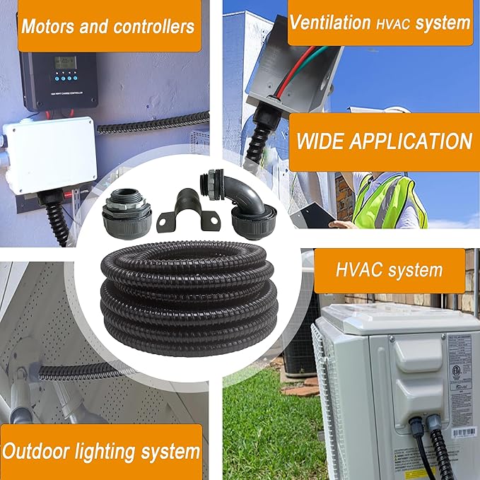 (1/2" Dia * 25 Feet) Yariwiz Black Special Extra Flexible Electrical Conduit Liquid Tight PVC Conduit Kit with 3 PCS Coupling, 3 PCS Elbow and 7 PCS Strap, Sealtight Seal Flex Liquidtight Wire