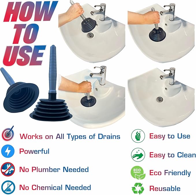 Sink and Toilet Plunger & Hair Clog Remover 34 inch 2 in 1 Kit - Drain Snake and Plunger for Sinks, Kitchens, Toilets, Bathrooms and Showers