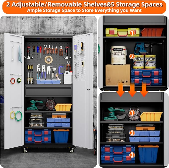 Aobabo Metal Storage Cabinet with Wheels and 1 Interior Drawer, Steel Rolling Tool Cabinet with 16 Hooks and 2 Adjustable Shelves for Garage, Home, Office, Kitchen, Black Gray, Assembly Required