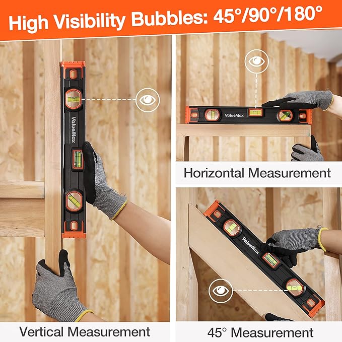 ValueMax 16-Inch Level, Magnetic Torpedo Level with 45°/90°/180° Bubbles, Aluminum Alloy Body, Precision-Machined Base, Shockproof Rubber End Caps, V-Groove & Hanging Hole for Construction, Carpentry